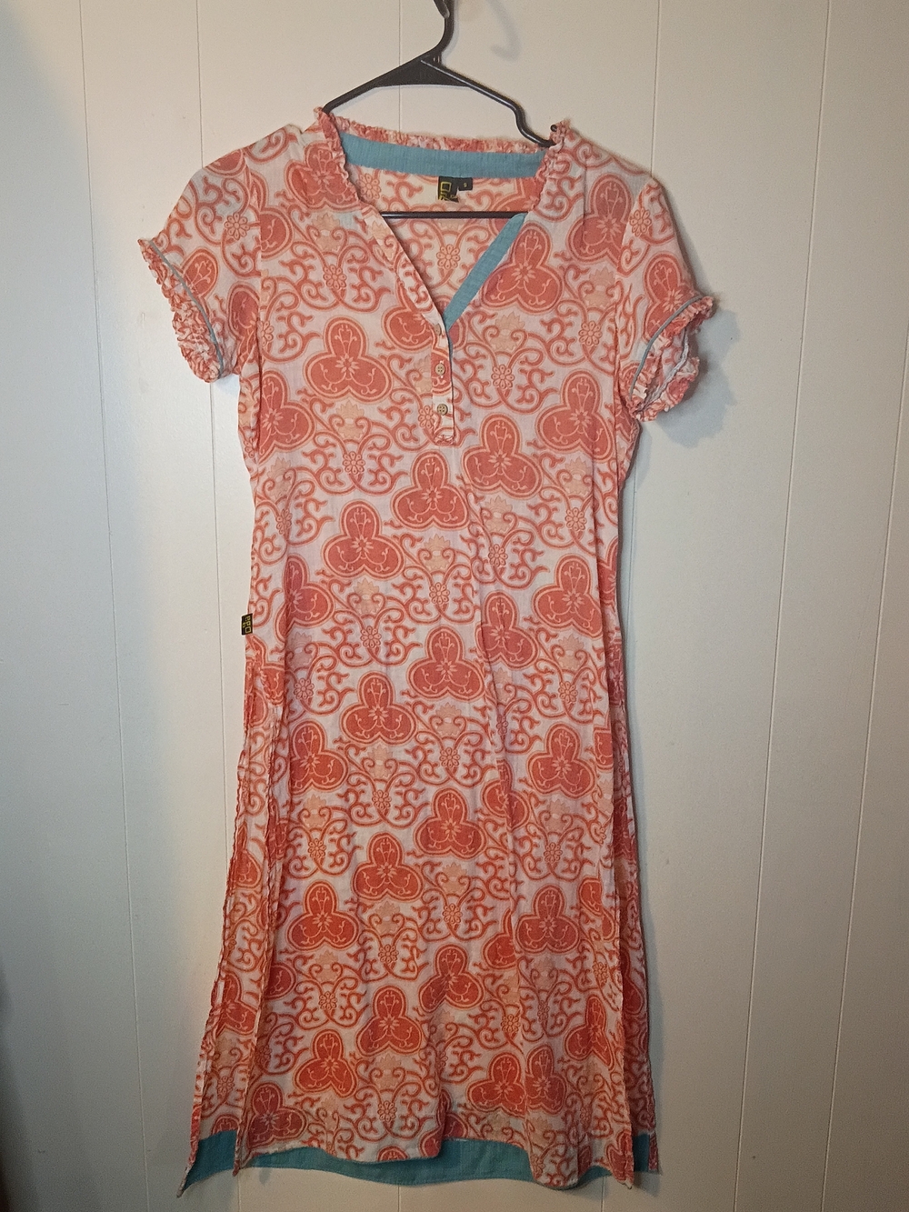 EGO Coral Pattern Short-Sleeve Swim Coverup with Teal Trim